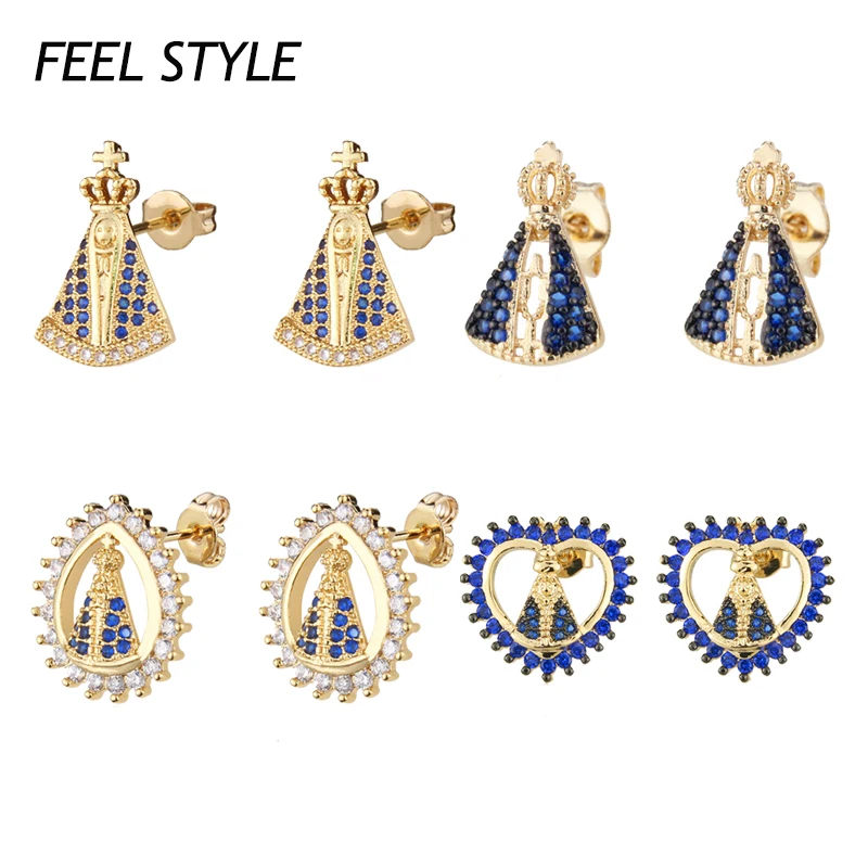 Micro Paved CZ Virgin Mary Stud Earrings Catholic Our Lady of Aparecida Earings For Women Ear Brincos Gift