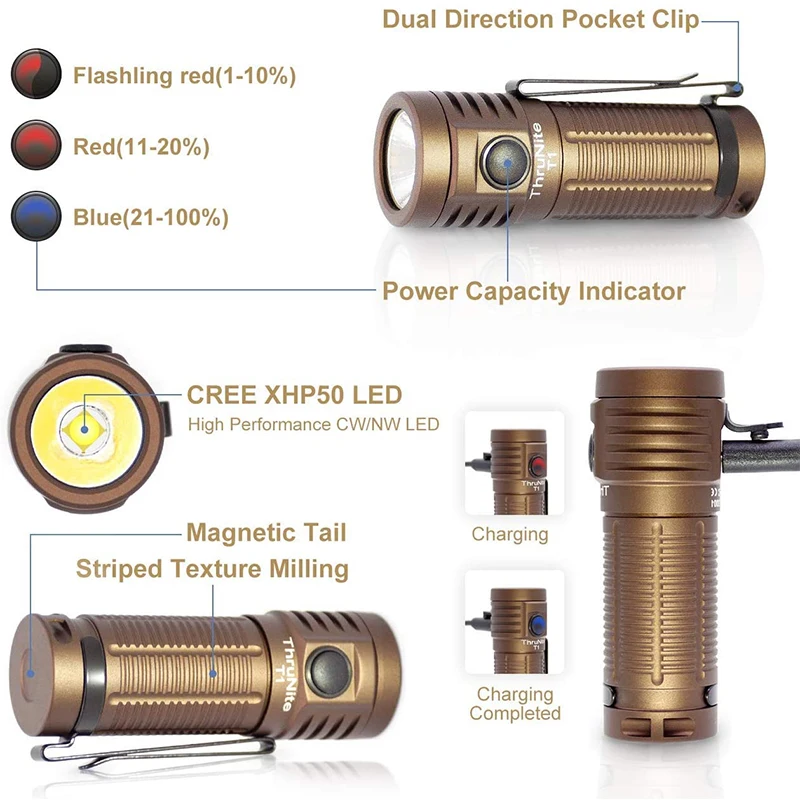 ThruNite-linternas de mano T1, 1500 lúmenes, CREE XHP50, magnéticas, recargables por USB, EDC, atenuación continua, linterna de bolsillo Original