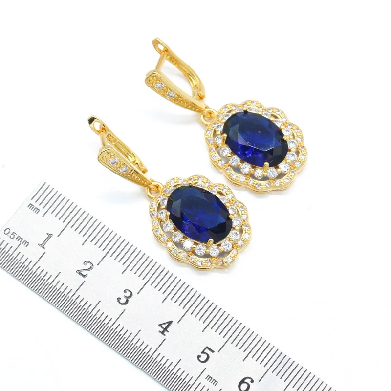 Geometric Gold Color Jewelry Set for Women Royal Blue Semi-precious Earrings Necklace Pendant Rings Gift Box