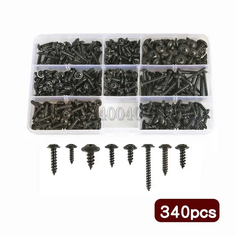 340pcs Black Carbon Steel Pan Head Tapping Screw M3M4M3.5M4.8 Self Tapping Assortment Kit Cross Head PWA Self Tapping Screw Set