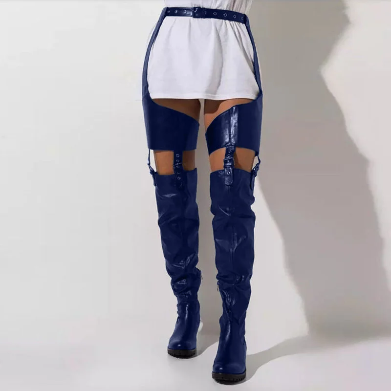 2023 Winter Low Heels Belt Thigh High Boots For Women Pu Leather Over The Knee Boots Knight Long Boots Lady Catwalk Shoes