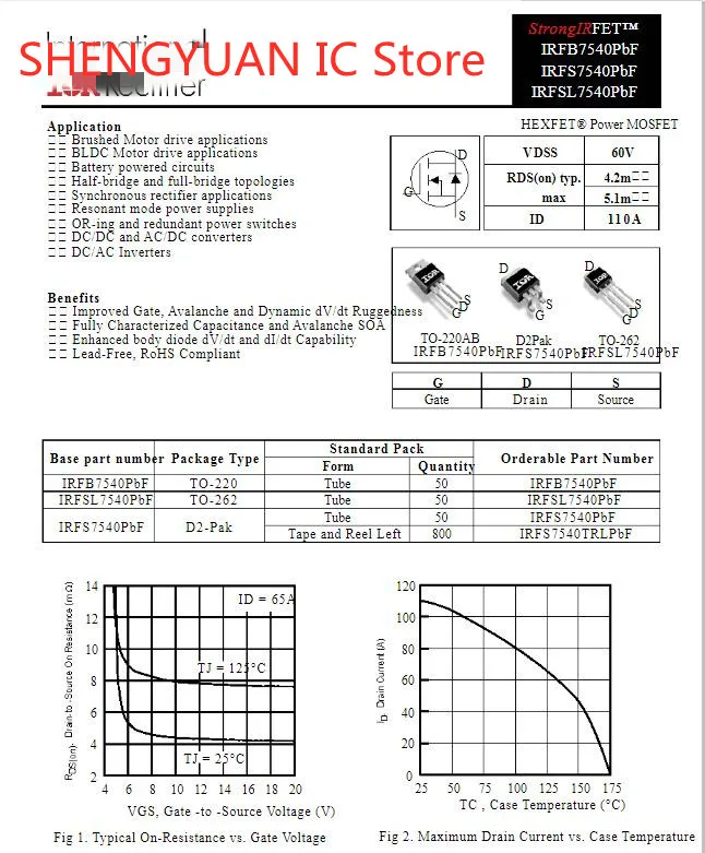 5 pcs/lot IRFS7540TRLPBF IRFS7540PBF TO-263 IRFS7540 Trans MOSFET N-CH 60V 110A Original New 100% quality