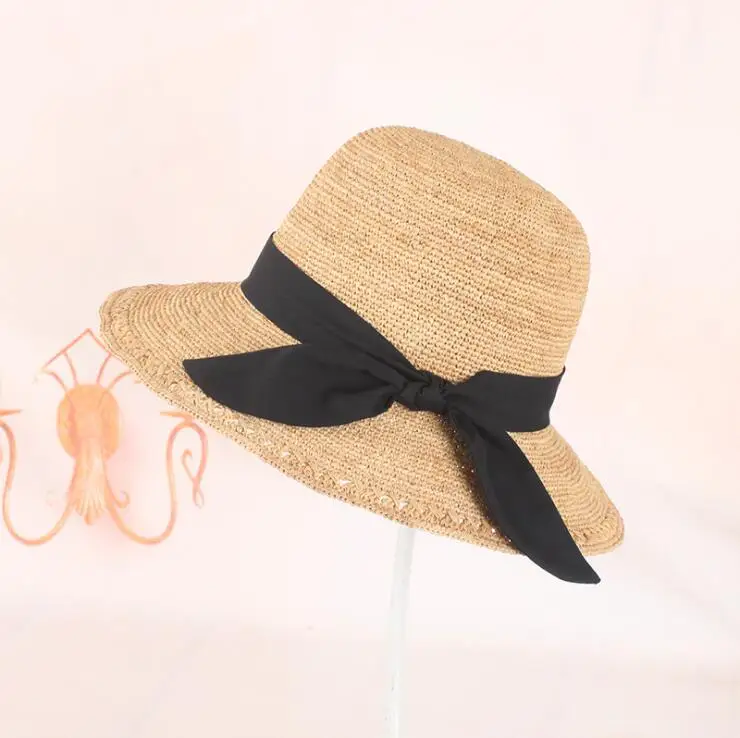 Chapeau en raphia fait à la main avec nœud papillon pour femme, chapeau de paille avec ruban noir et café, cool, beaux chapeaux pour le soleil, printemps et été 2025