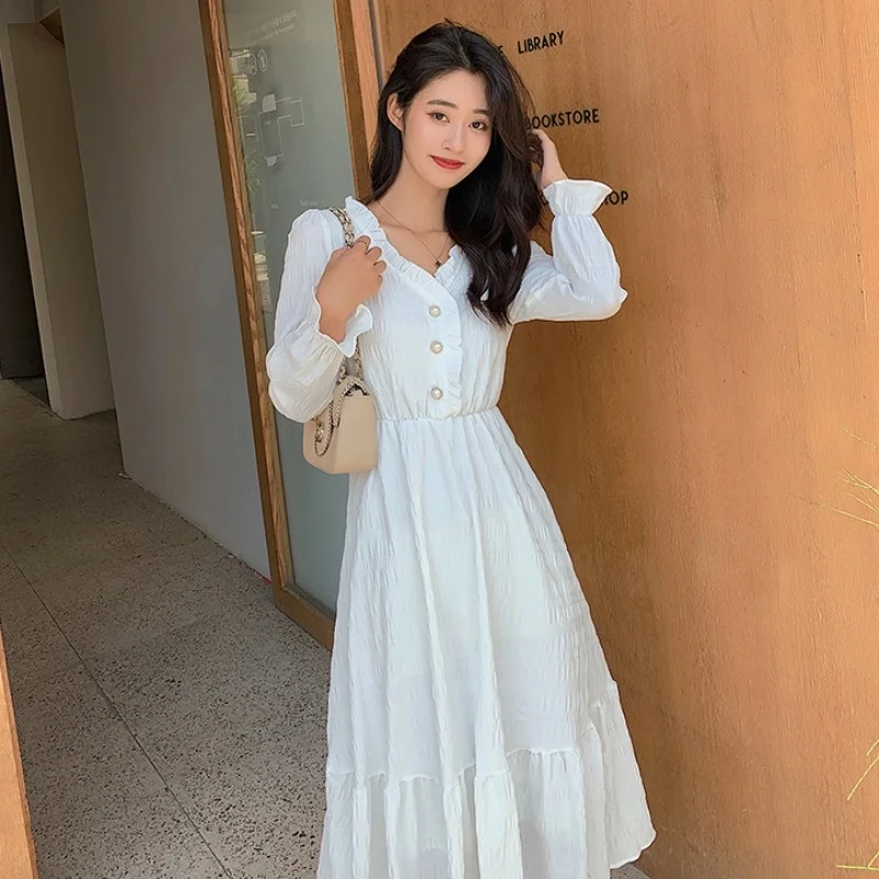 

Flared Sleeve Elegant Slim Waist Harajuku Closing 2021 New Summer Autumn Casual Corset White Fairy French Hepburn Dress