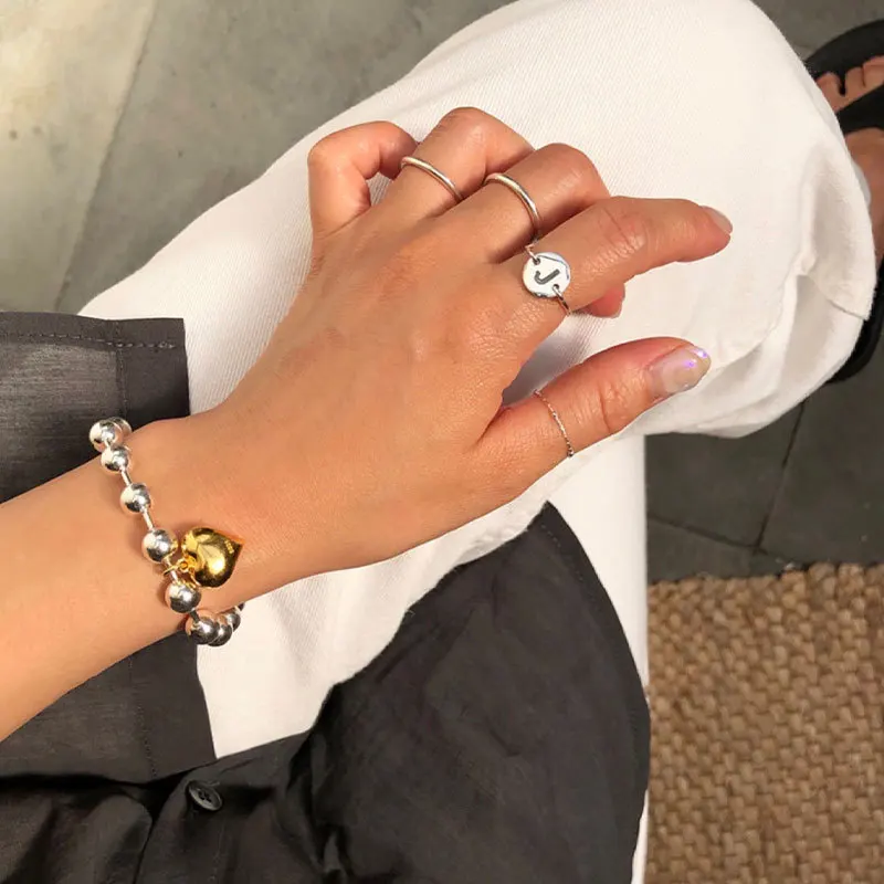 LIVVY Silver Color Smooth Love Heasrt Pendant Bracelet Fashion Temperament Simple Beautiful Beaded Chain Bangles Jewelry