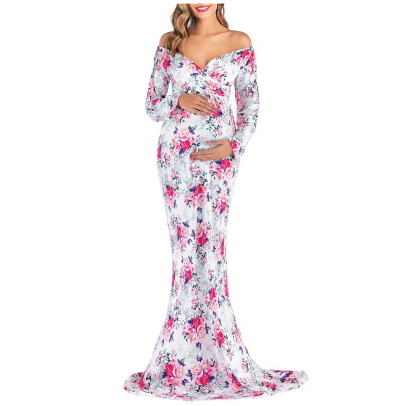 2019 Maternity Photography Props Dresses Women Off Shoulder Sexy Deep V-Neck Long Sleeve Floral Maxi Pregnant Photo Dress 11005