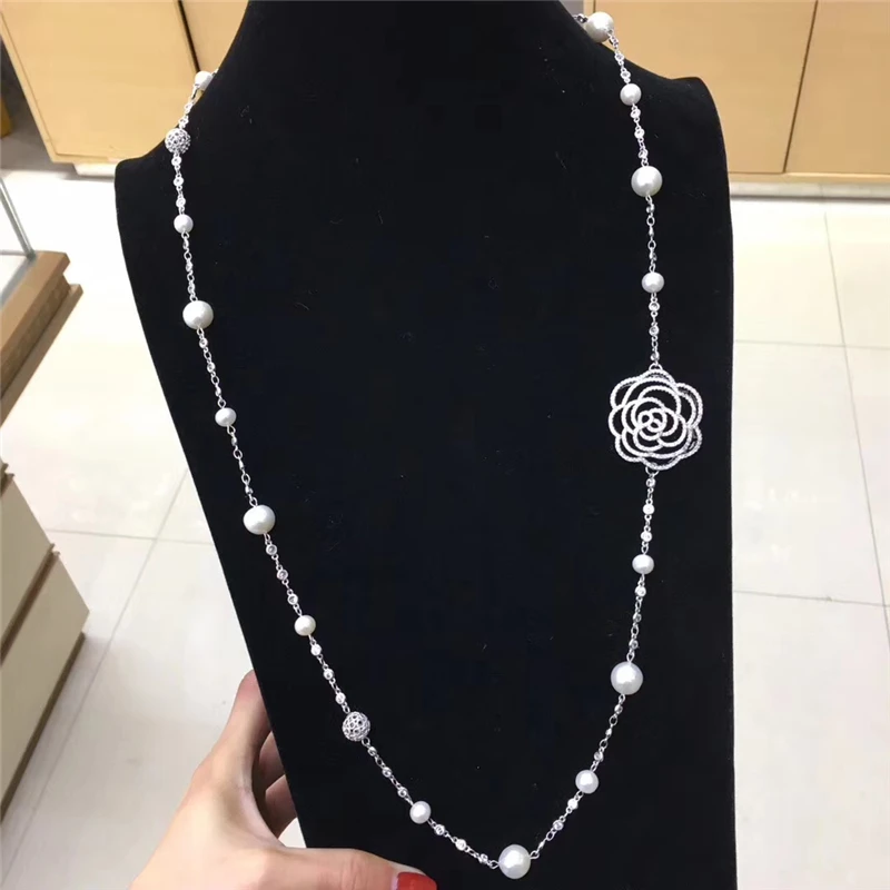 

HABITOO Gorgeous Natural 10-11MM White Cultured Freshwater Pearl Hollow Out Camellia Accessories Chain Necklace Fashion Jewelry