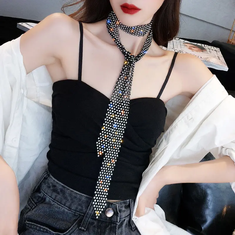 2022 New Exaggerated Shiny Multi-row Rhinestone Long Tassel Clavicle Chain Women\'s Personality Neckband Black Retro Necklace