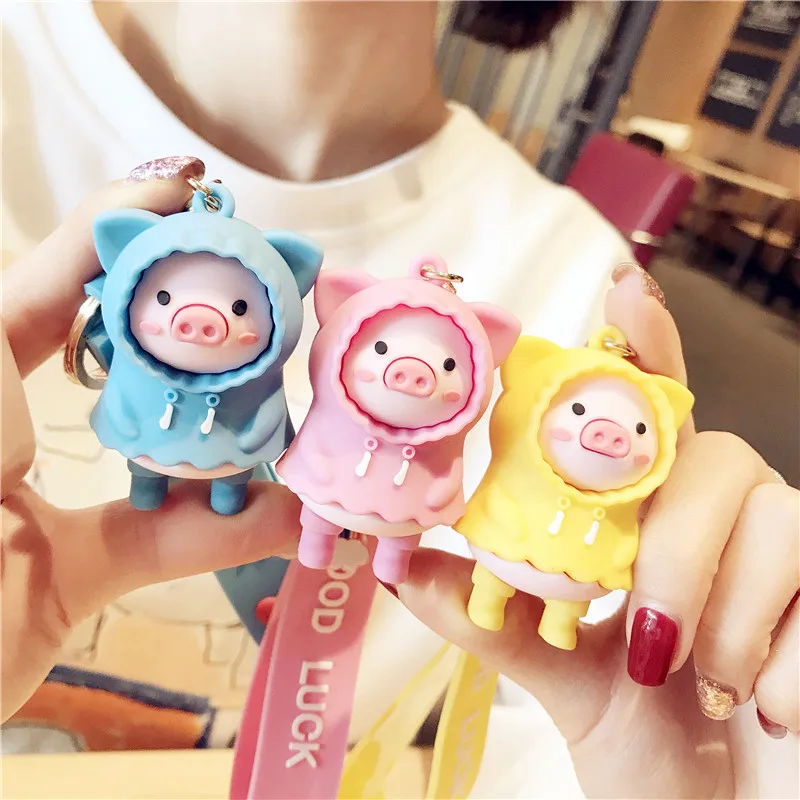 PVC Cartoon Raincoat Pig Doll Metal Keychain Pink Yellow Blue Trinket Girl Boy Pendant Bag Car Key Ring Jewelry Lanyard Gift