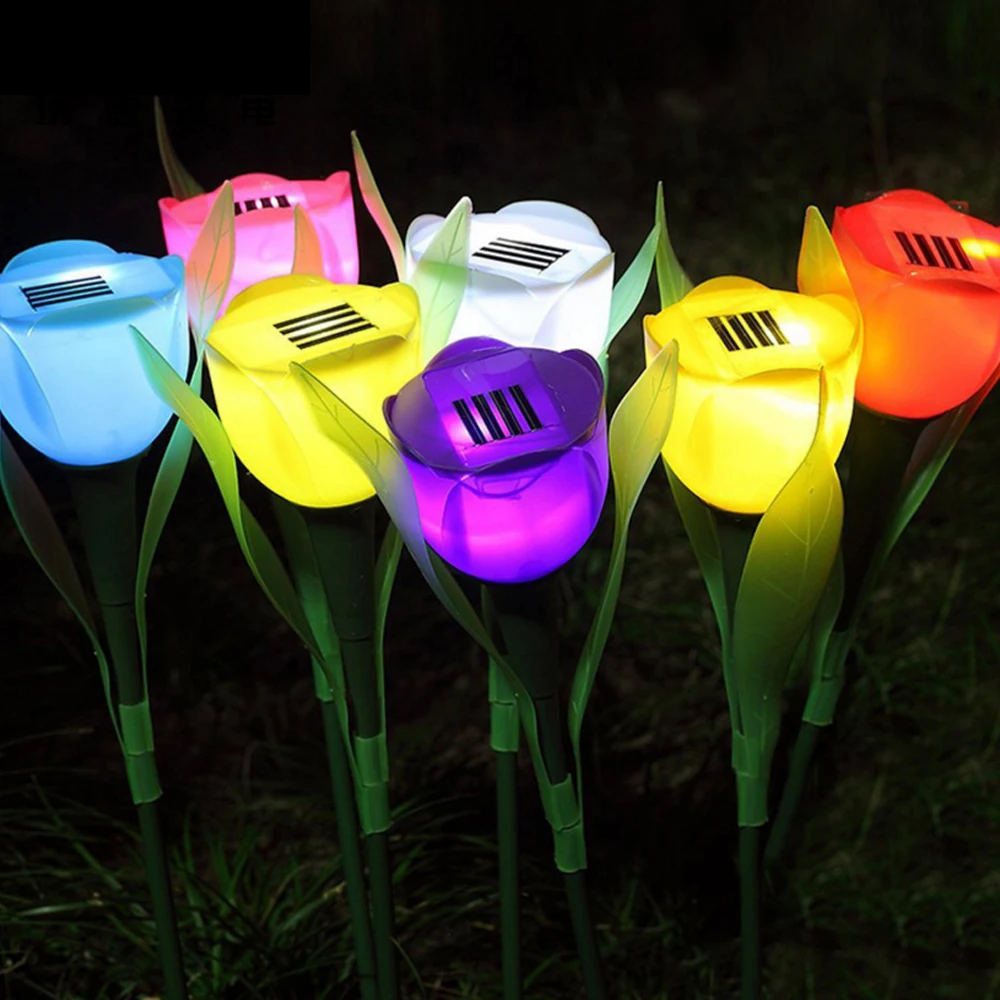 Solar Light Outdoor Solar Powered LED Tulip Flower Lights Garden Yard Path Way Color Lamp Lawn Christmas Holiday Decoration