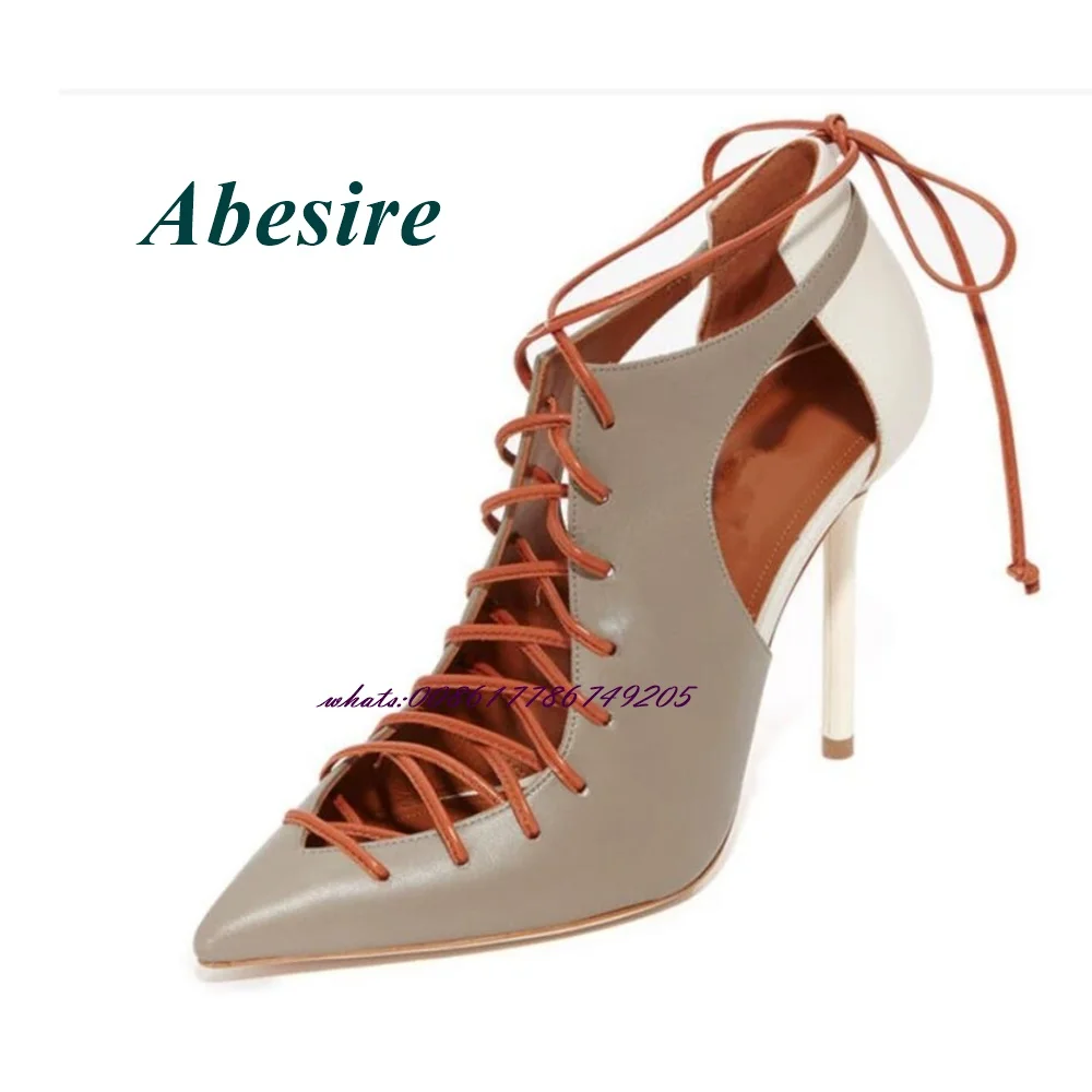 Abesire Pointed Toe Cross Tied Sandals Mixed Color Lace Up Stiletto Heel High Heels for Plus Size Women Summer New Arrival Sexy