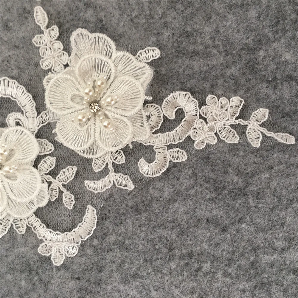 New arrive White 3D flower Embroidery Applique Lace Fabric Venise Sewing DIY Trim ABS pearl Lace Collar for Dresses Accessories