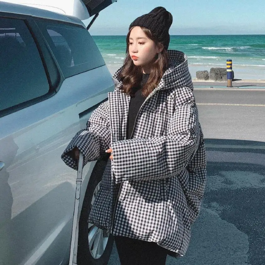 Winter plaid bread style bat sleeved cotton coat female loose oversized thicker warm jacket fluffy cotton jacket F325