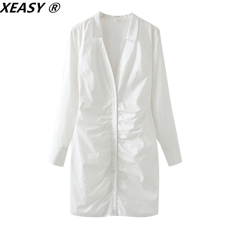 XEASY 2021 abito da donna con colletto a pieghe pieghettato abito da donna monopetto Vintage abito aderente abito a maniche lunghe