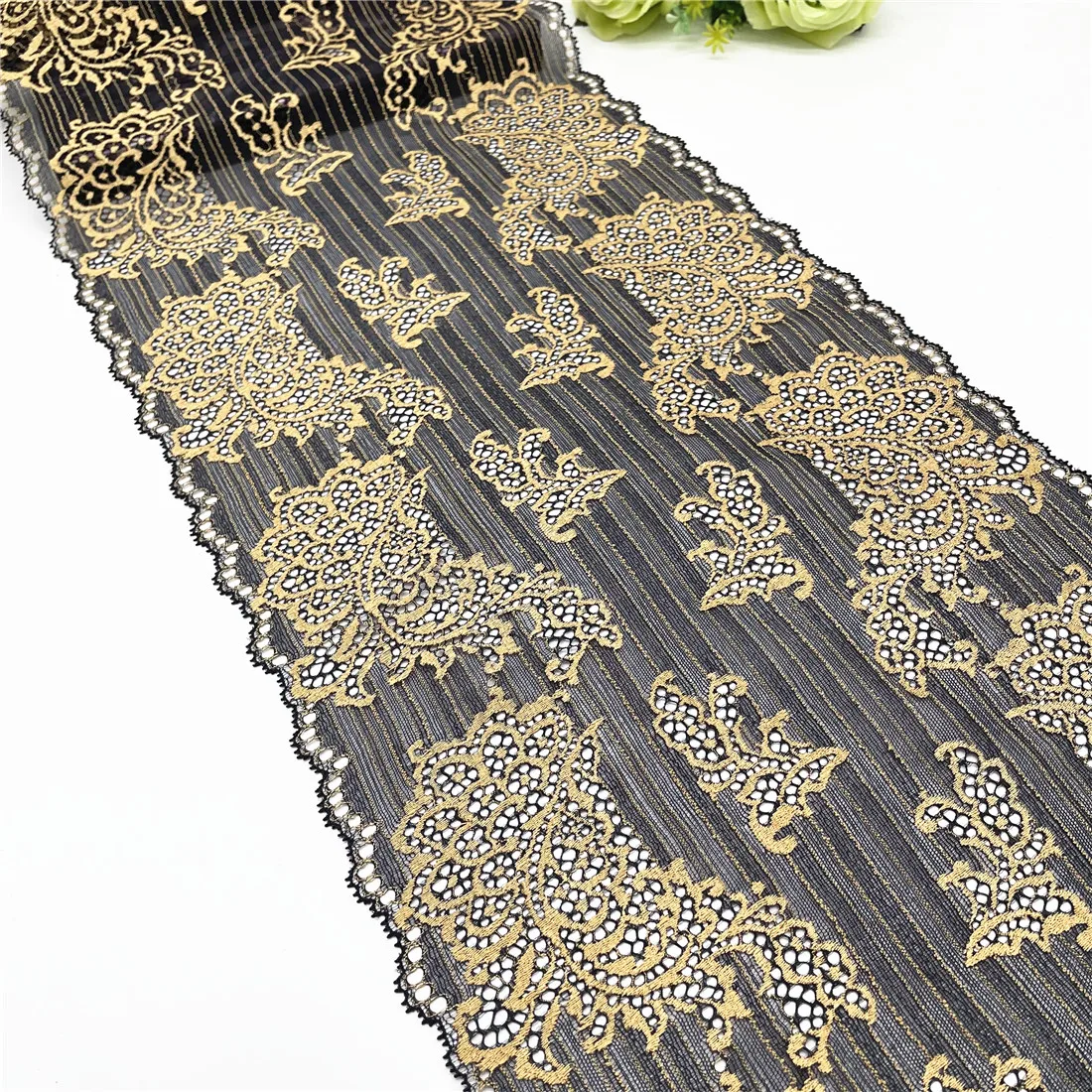 3y/lot Width 11 inch 28cm Ginger Yellow Black Stretch Elastic Wide Lace Trim Garment Sewing Applique Costume Lace Fabrics Skirt