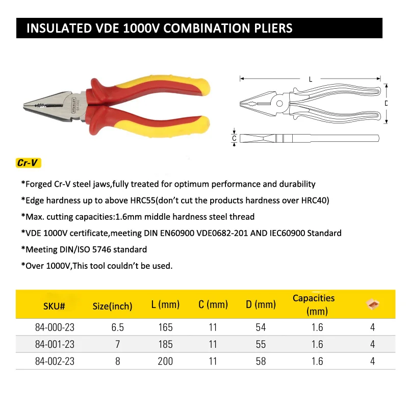 Stanley 1-pcs Professional VDE 1000V Combination Pliers Insulated Combined Wire Pliers Insulation Tools For Electrician FatMax