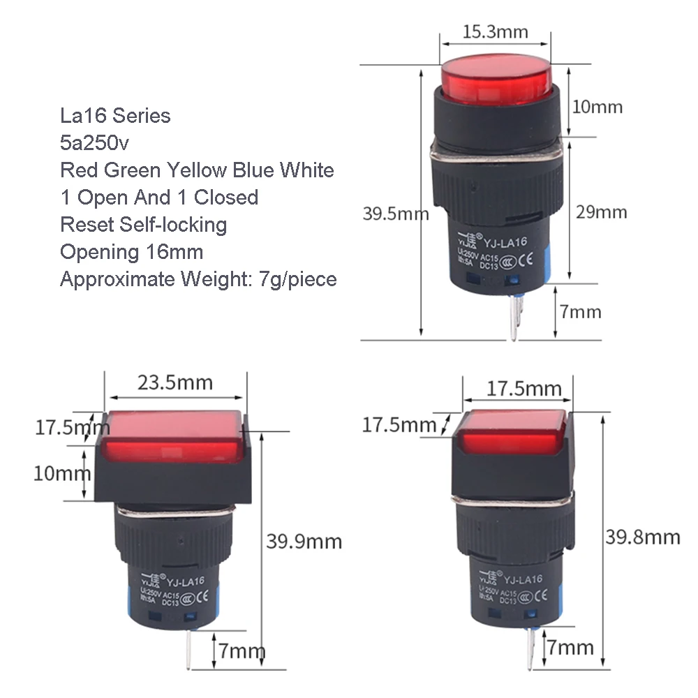 16mm Round Square Rectangle Push Button Switch Self-Locking Self-Reset ON/OFF 5A 12/24/220V LED Light Red Green Yellow White Blu