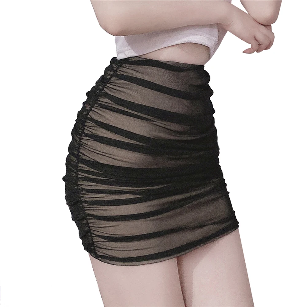 

High Waist Sexy Fake Through Mesh Skirt Tight Party Mini Package Hip Pleated Skirt Clubwear