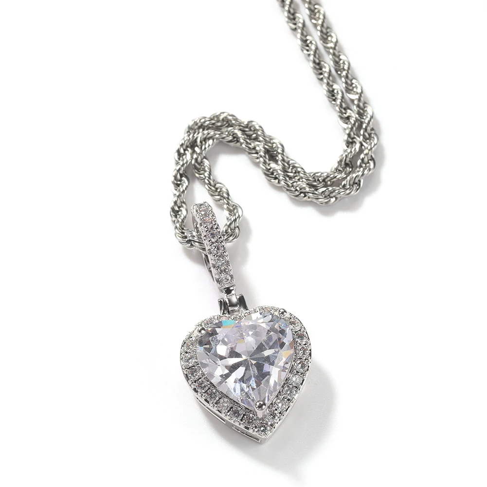 THE BLING KING Heart Crystal Pendent Necklaces Iced Out Pink Cubic Zirconia Charm Necklace For Women Fashion Hiphop Jewelry