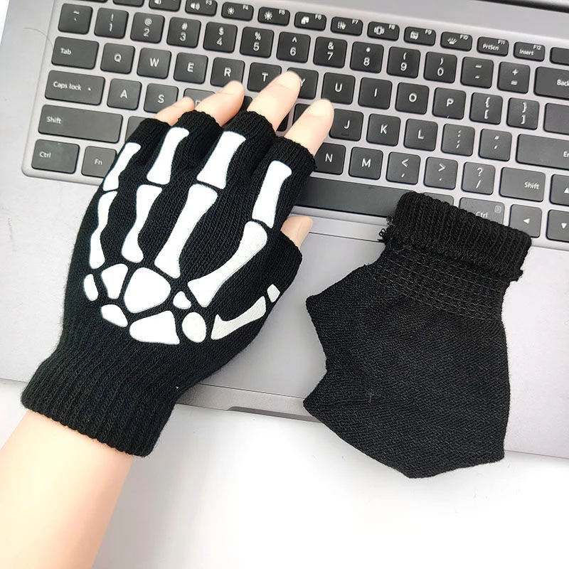 Warm Knitted Gloves Women Emo Half Finger Glove Skull Cycling Gloves Grunge Accessories Gothic Aesthetic Punk Rock Mittens Men