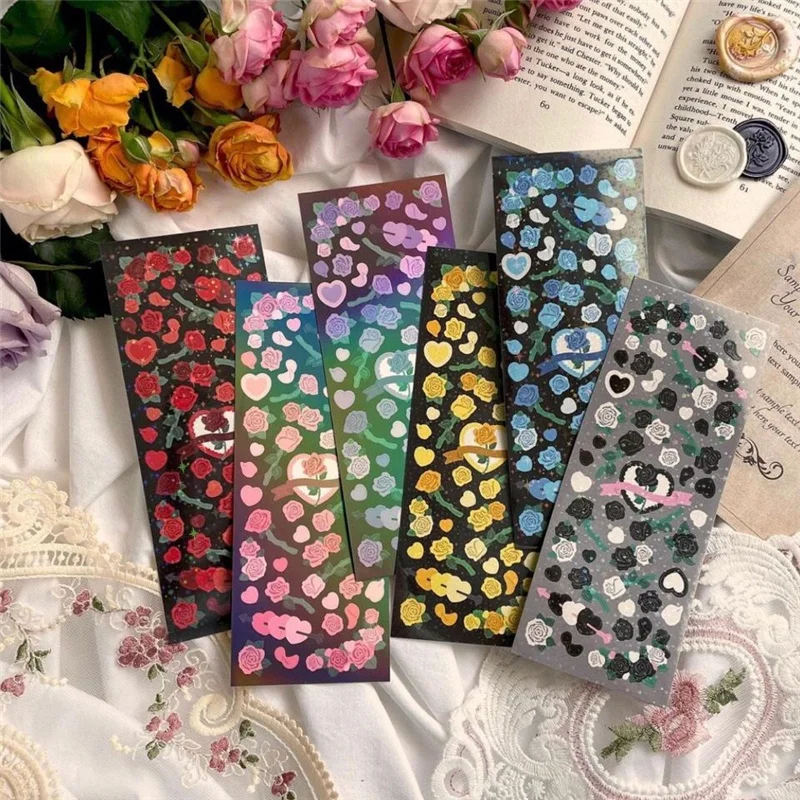 

Sharkbang Korean Flower Rose Stickers Beautiful Shiny Laser Phone Stationery Idol Card DIY Material Decorative Sticker Supplies