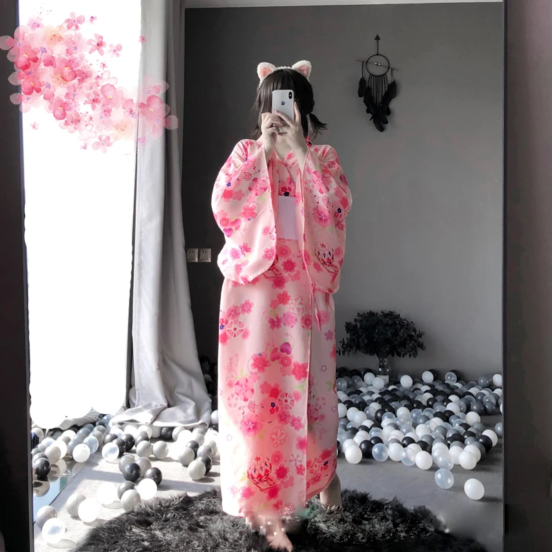 

Women Kimono Sakura Print Pink Long Cardigan Bow Obi Belt Casual Loose Homewear Female Sexy Cute Yukata Japanese Costumes