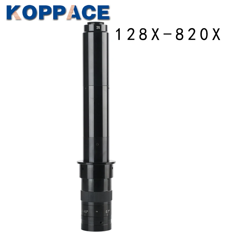 KOPPACE 128X-820X عدسة مجهر صناعية أحادية العين 2X العدسة 0.7X-4.5X التكبير الهدف 25 مللي متر C-Mount عدسة تكبير مستمرة