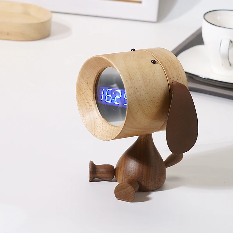 Solid Wood Puppy Alarm Clock Student Children Gift Bedside Table Cartoon Charging Creative Lettering