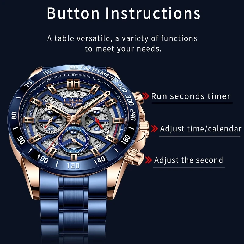 LIGE Chronograph Fashion Casual Men Watches Top Brand Big Dial Stainless Steel Calendar Quartz Wristwatch Man Classic Male Clock