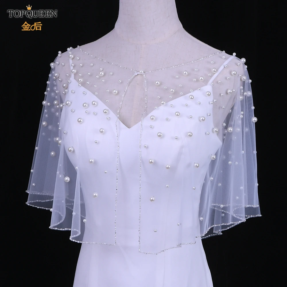 TOPQUEEN G31 Wedding Wraps Bridal Jackets for Wedding Dress Black Pearls Beaded Piping Round Neck Bridal Shawl Ladies Bolero DIY