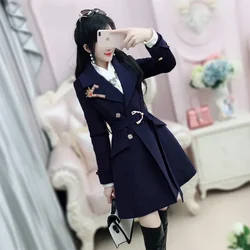 2023 New Fashion Dark Blue Embroidery Thick Warm Woolen Coat Female Students Slim Outerwear Women's Jacket