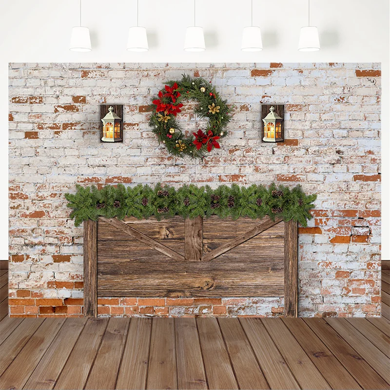 Headboard Photography Background Christmas Wreath Vintage Brick Wall Backdrop Newborn portrait photo Decorative Props Studio