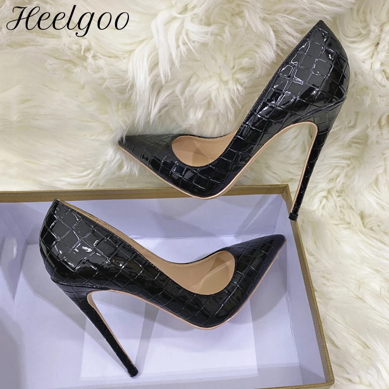 Heelgoo Black Crocodile Effect Women Pointy Toe Sexy High Heel Shoes Chic Ladies Slip On Stiletto Pumps Color Customize