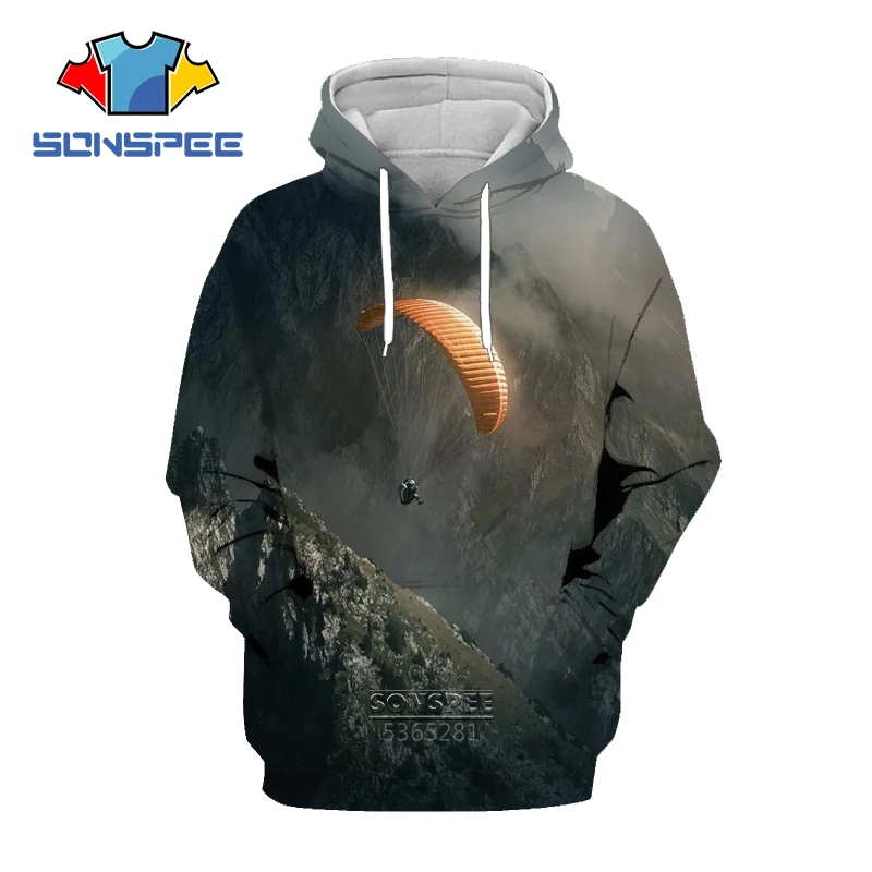 SONSPEE Hot Air Balloon Men's Hoodie Casual Fashion 3D Print Skydiving Tees Shirts Women's Tops Retro Paragliding Thin Hoodie