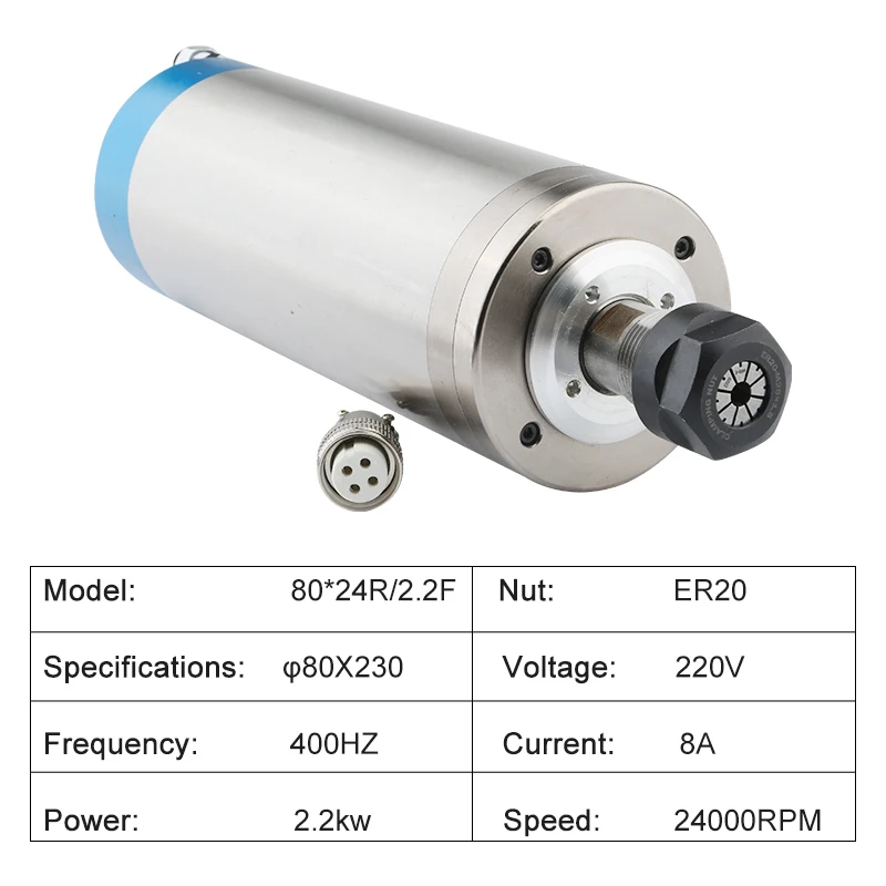 CNC Spindle Motor 2.2 Kw ER20 Water-Cooled Spindle 4 PCS Bearing 24000rpm Diameter 80mm, Used For CNC Router Engraving Machine