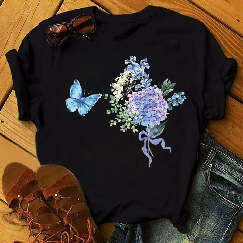 Butterfly Hydrangea Print T-shirt Women's Cute Pattern Harajuku Black T-shirt Women's T-shirt Casual Top Flower T-shirt