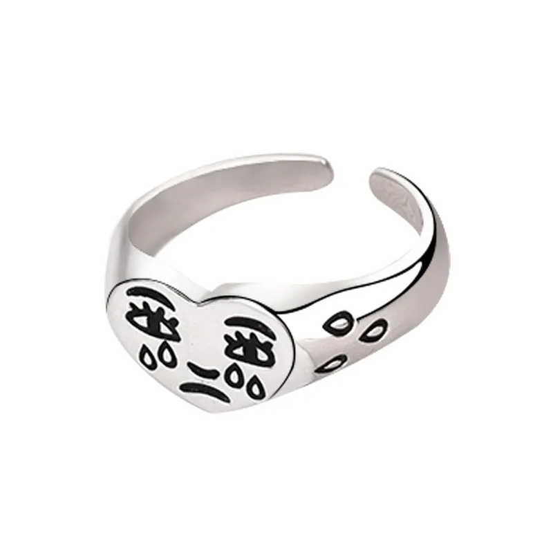 Foxanry Stempel Black Love Heart Ringen Voor Vrouwen Nieuwe Mode Schattige Cartoon Gezicht Thai Zilveren Rock Party Sieraden Geschenken