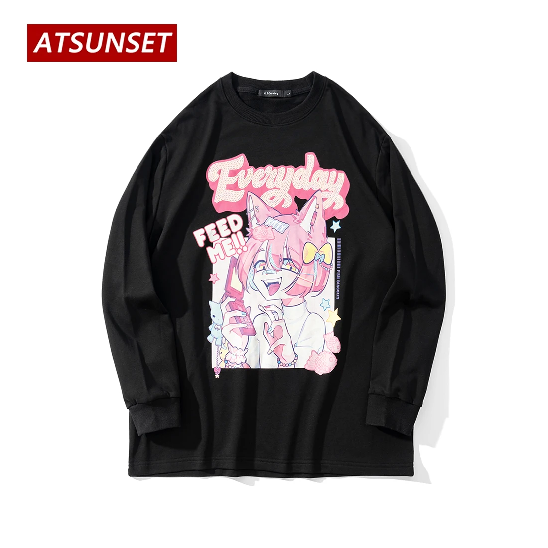 

ATSUNSET Anime Cute Happy Girl Print Sweatshirt Autumn Cotton Pullover Hip Hop Street Retro Style Round Neck Pocket Hoodie Tops