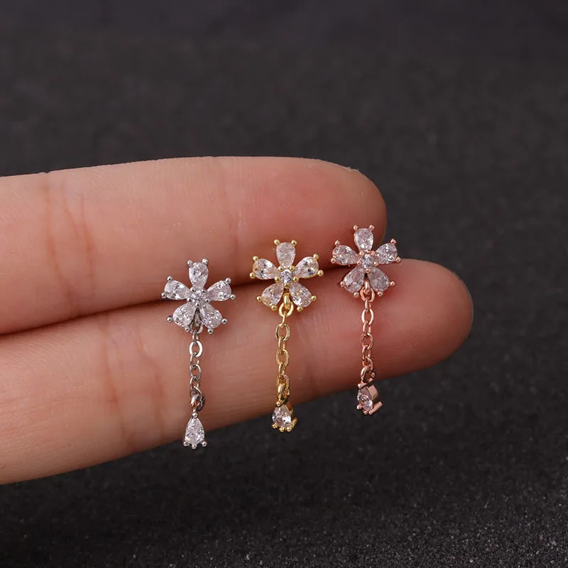 Long Chains Cross Heart Flower Cartilage Helix Tragus Piercing Ear Stud Piercing Jewellery