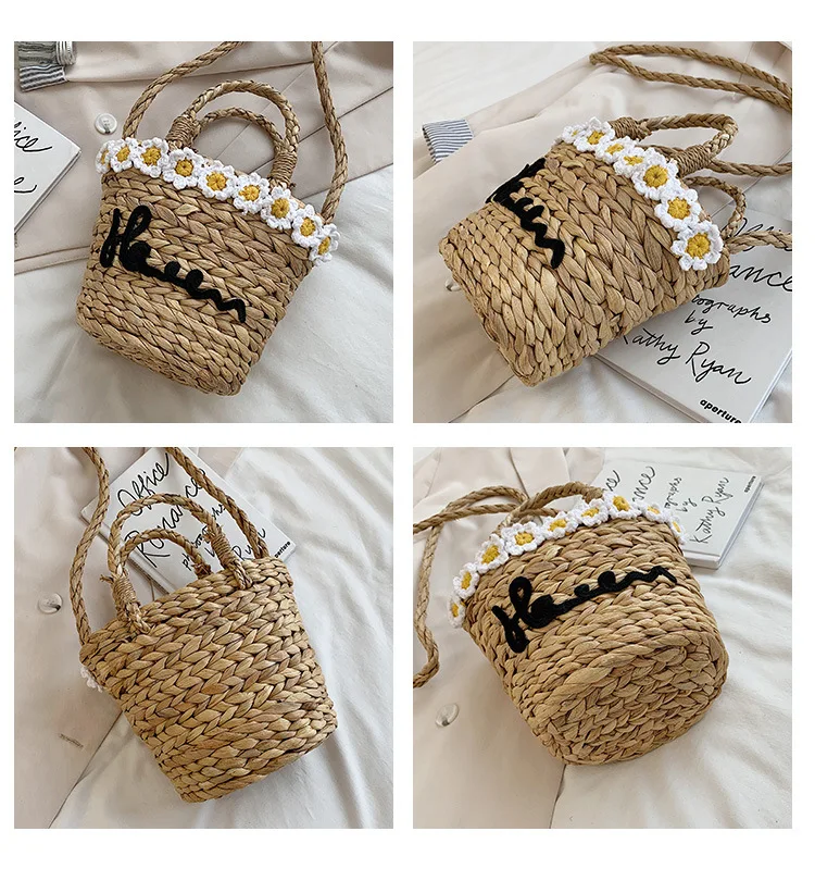 Fresh Lady Straw Woven Shoulder Bag Small Flower Pastoral Style Summer Beach Tote 2021 Straw Bag Pockets Lady\'s Messenger Bags