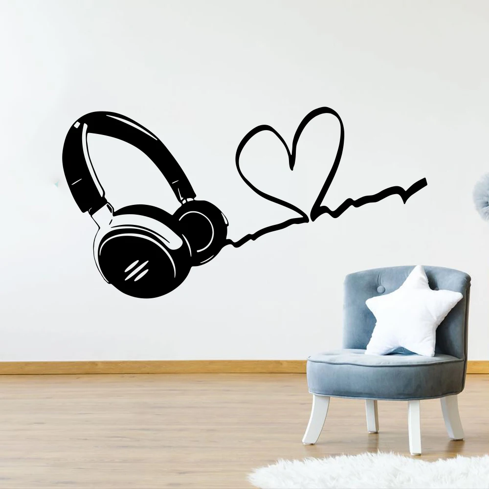 Music Headphone Heart Wall Decal Kids Children Room Music Lover DJ Rock Jazz Band Wall Sticker Bedroom Vinyl Home Decor