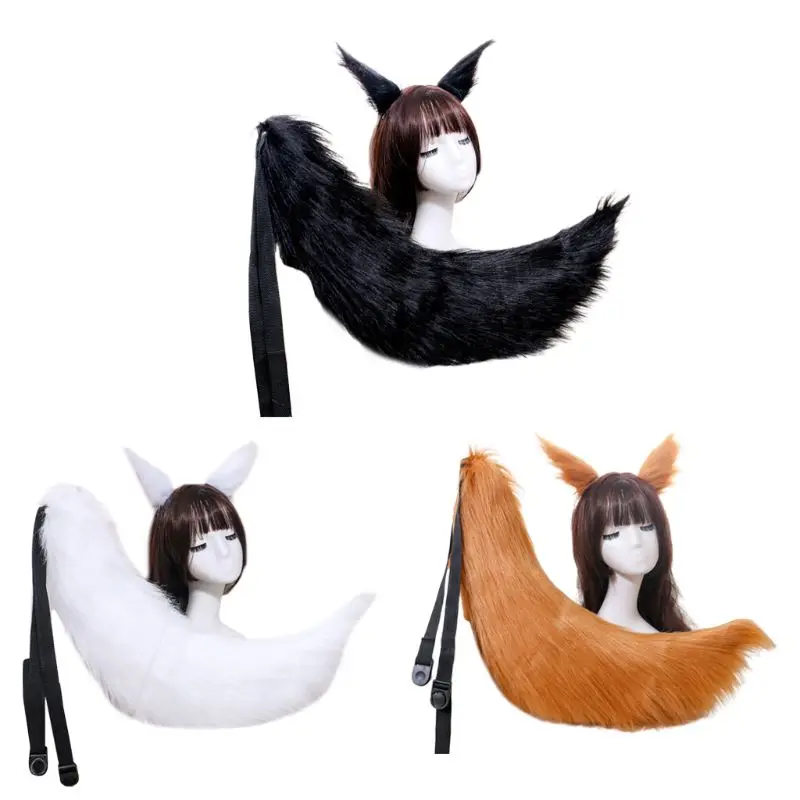 

Japanese Anime Cosplay Costume Accessory Adult Kids Plush Wolf Ears Hair Clip Solid Color Animal Tail Halloween Party