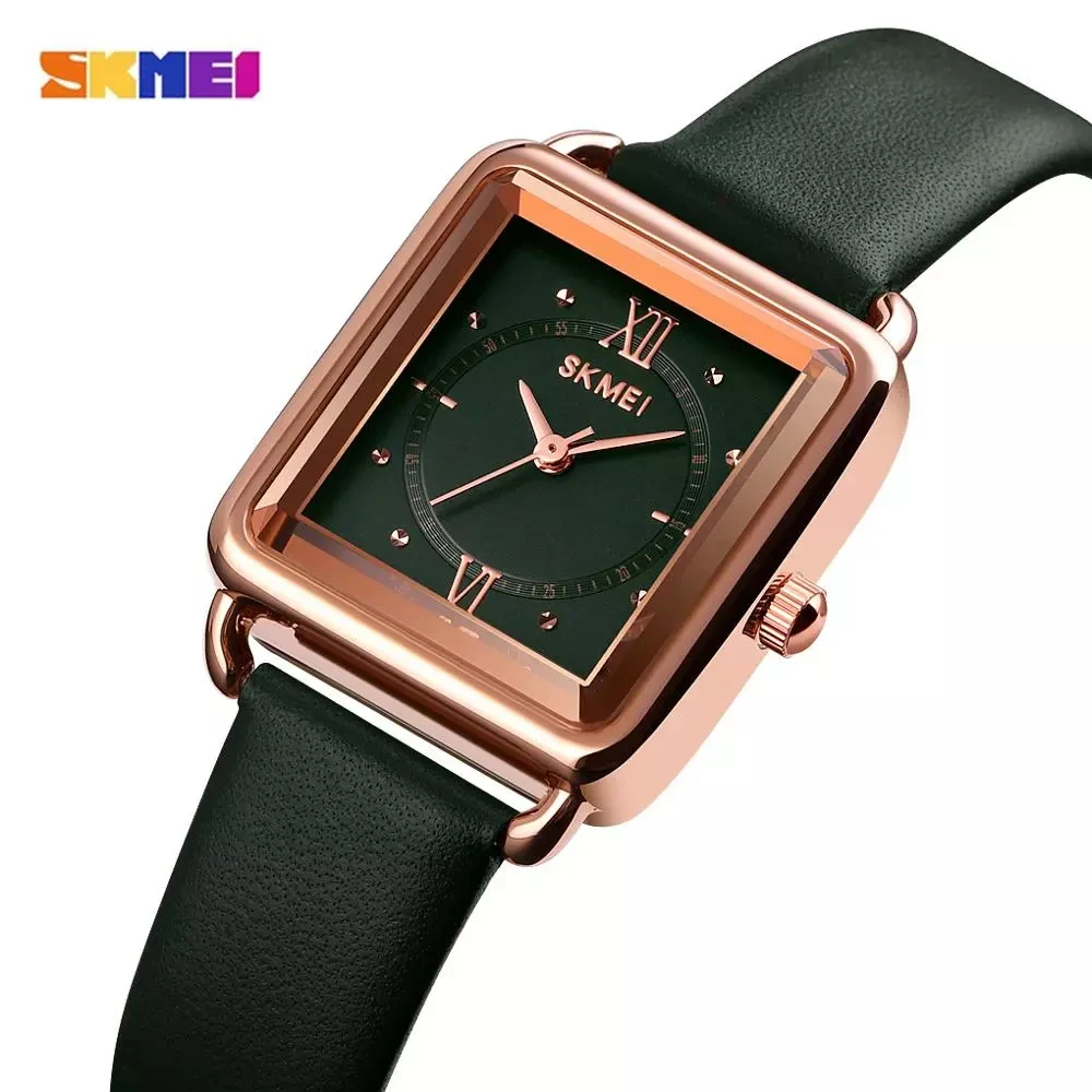 

SKMEI Trendy Retro Quartz Watch Women Simple Style Green Leather Analog Wristwatch Casual Ladies Small Dial Waterproof Watches