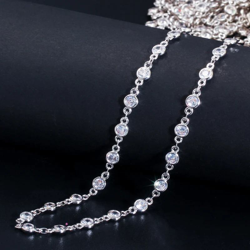 CWWZircons 50cm Sparkly Round Cubic Zirconia Stone Bead DIY Long Necklace Pendant Anklet Bracelet Link Chain Jewelry Making D005