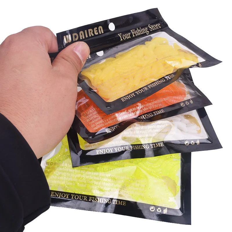 HOT SELL!! 50pcs or 100pcs Maggot Grub Soft Lure Baits Fishy Smell Worms Glow Silicone Shrimps Fishing Lures 2.2cm 0.38g