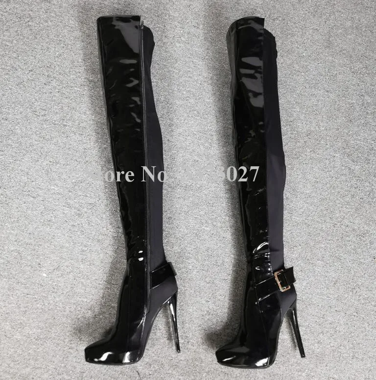 New Black Patchwork Platform Long Boots Women Sexy Buckle Strap Stiletto Heel Over the Knee Boots Lady Real Photos Banquet Shoes