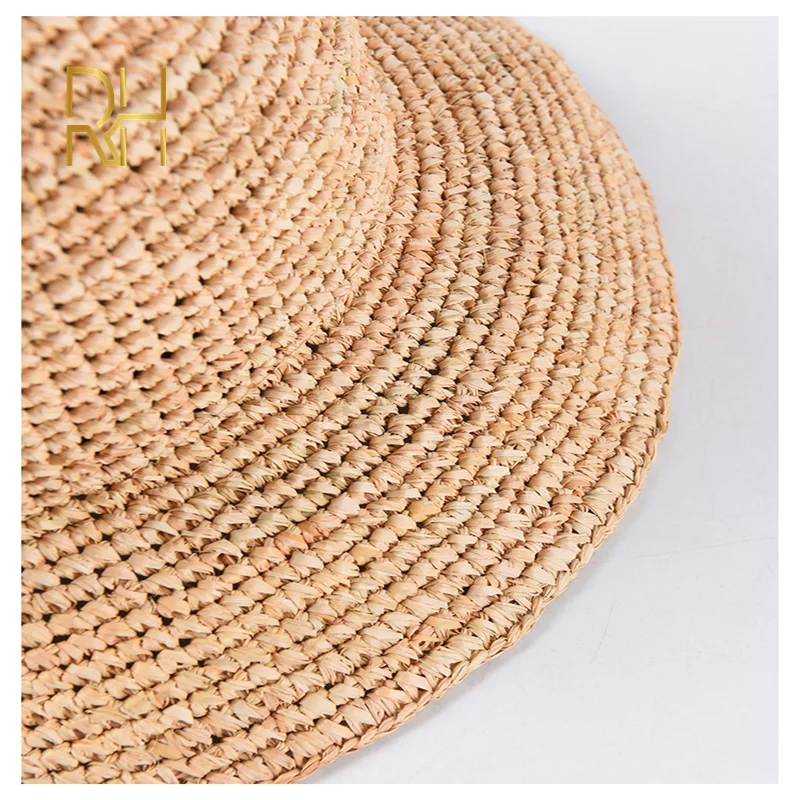 Handmade Ladies Crochet Natural Raffia Straw Bucket Hat For Spring Summer Beach Floppy fisherman Caps