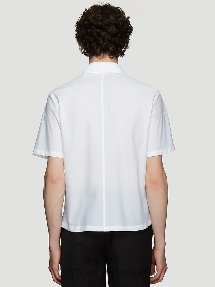 

Men's Short Sleeve Shirt Summer New White Small Pointed Collar Street Style Simple Geometric Design Youth Fashion Shirt