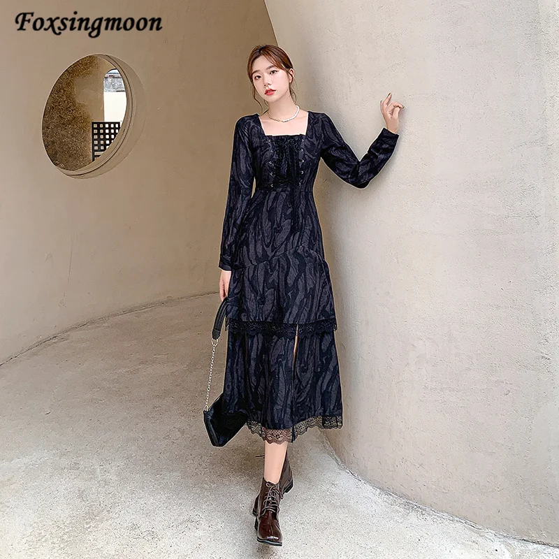 High Quality Women Dress Fashion Autumn French Tie dye Square Collar Solid Color High Waist Long Sleeve Split Fork Lace Dress