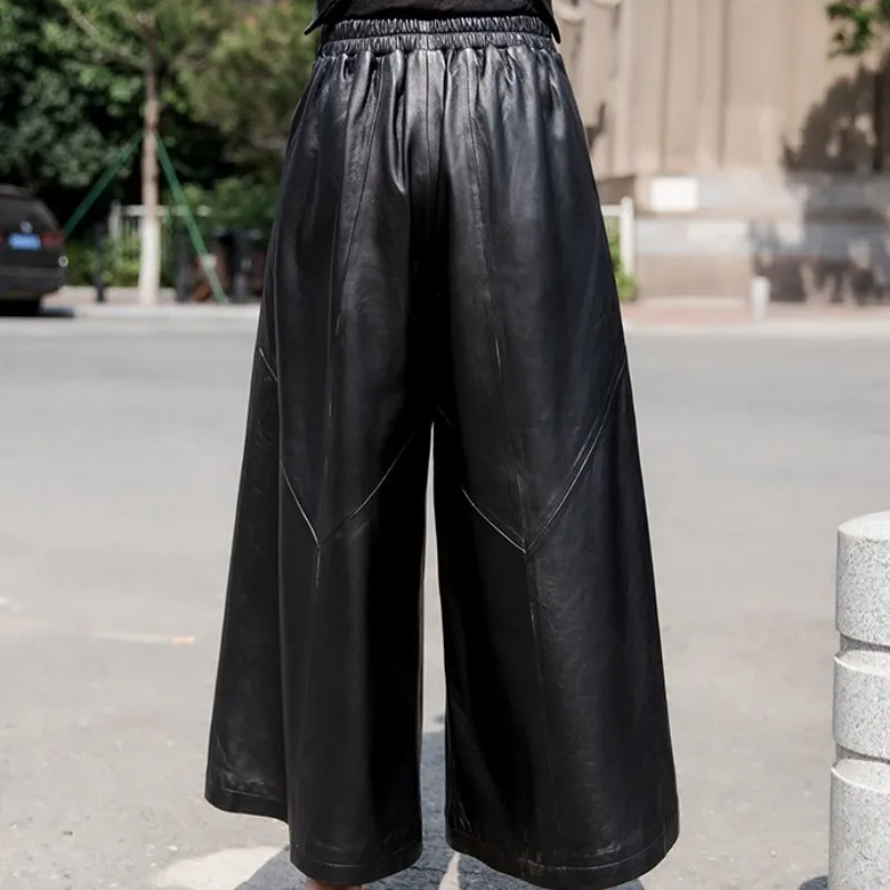 Top Quality Sheepskin Pants Women Autumn Winter Loose Wide Leg Pants Streetwear Vintage Black Elastic Waist Office Lady Trousers